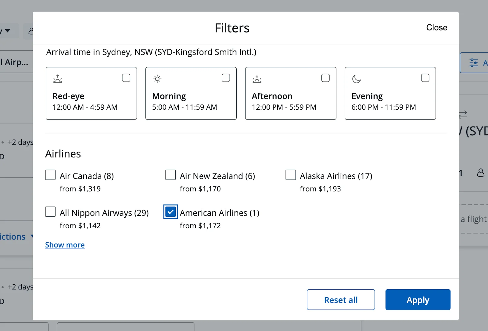 Screenshot of a flight search filters menu showing arrival time windows and airline checkboxes for a Sydney flight, with American Airlines selected
