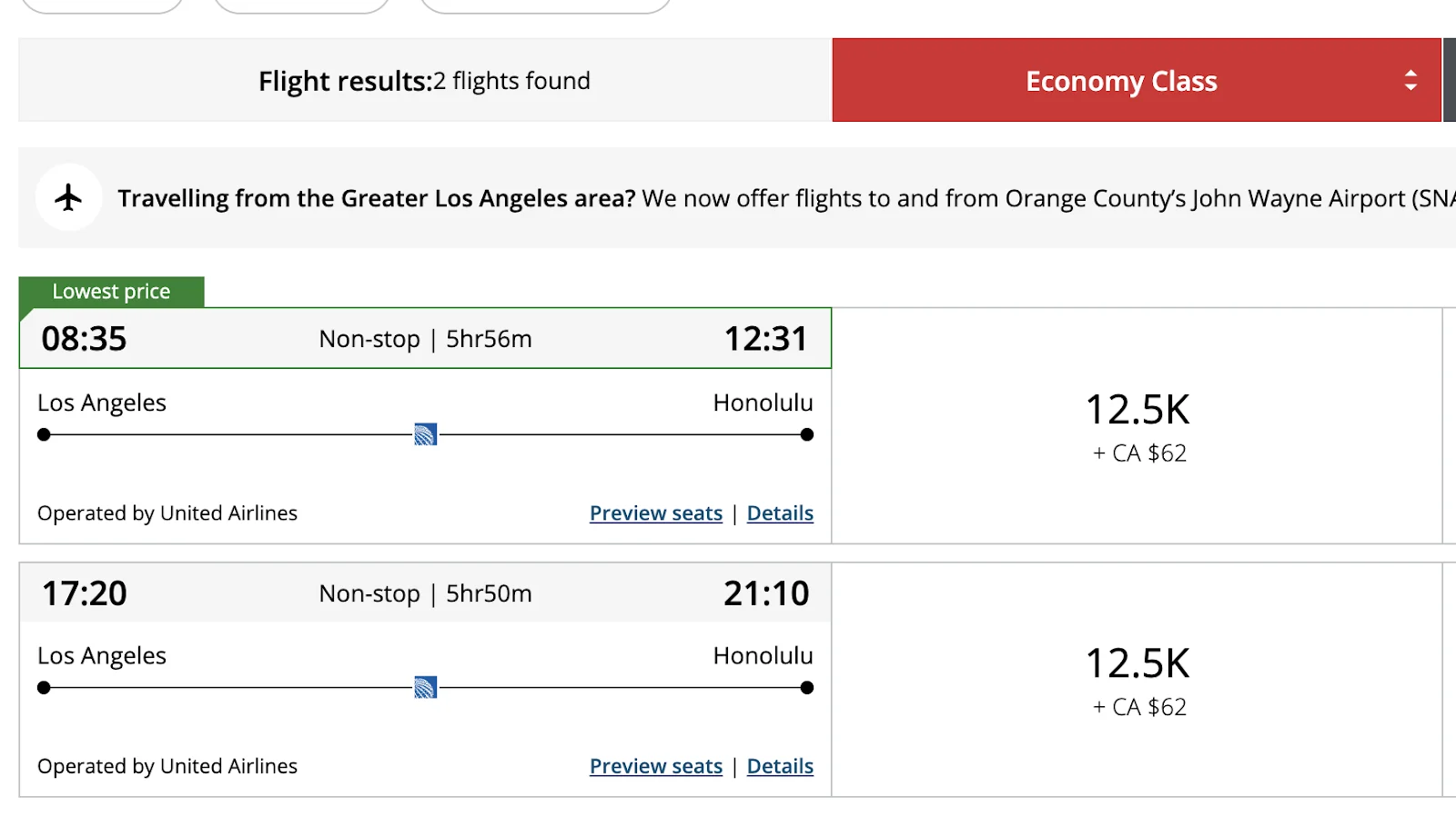 Screenshot of an Air Canada award search from Los Angeles to Honolulu showing economy class priced at 12,500 points plus CA$62