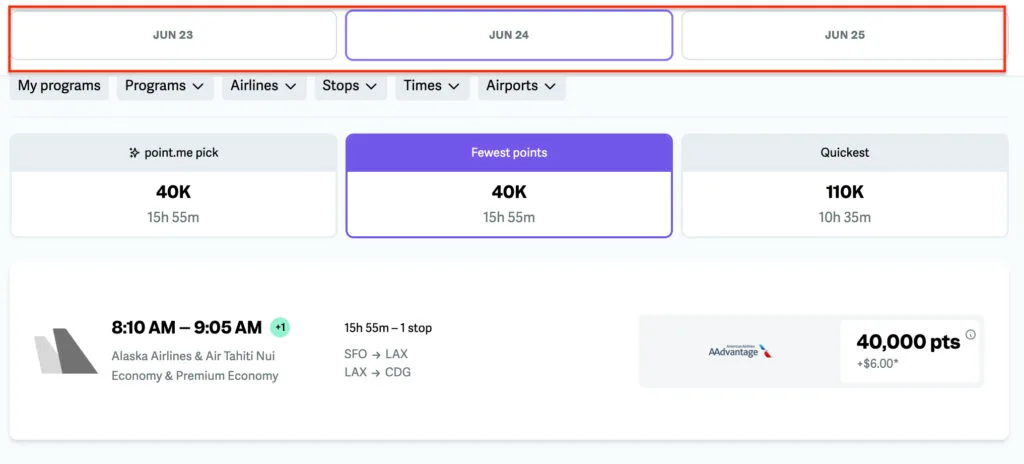 Screenshot of a point.me flight search with a date-picker calendar highlighted above results for a San Francisco to Paris flight priced at 40,000 points