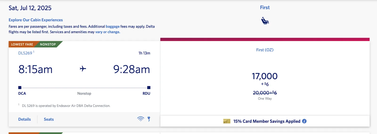Screenshot of a Delta award booking page showing a Washington Reagan to Raleigh-Durham First Class fare discounted to 17,000 miles plus $6 with a 15% card member savings