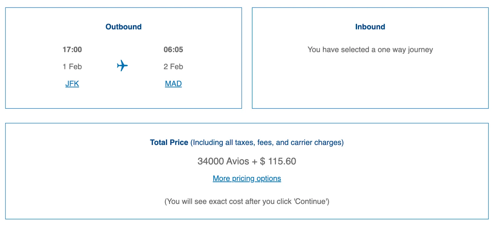 Screenshot of a British Airways Avios booking for a one-way JFK to Madrid flight priced at 34,000 Avios plus $115.60