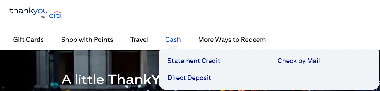 Screenshot of the Citi ThankYou Rewards website navigation menu showing redemption options including Cash and Statement Credit