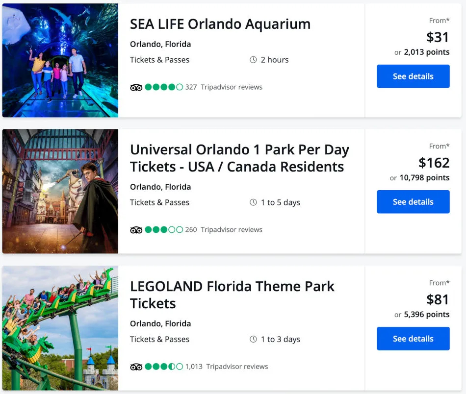 Screenshot of Chase Travel activity listings for Orlando theme parks, including SEA LIFE Aquarium, Universal Orlando, and LEGOLAND, priced in dollars or points.