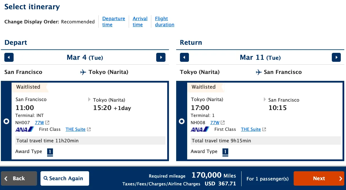 Screenshot of an ANA Mileage Club award booking for an ANA First Class round trip between San Francisco and Tokyo for 170,000 miles, shown as waitlisted.