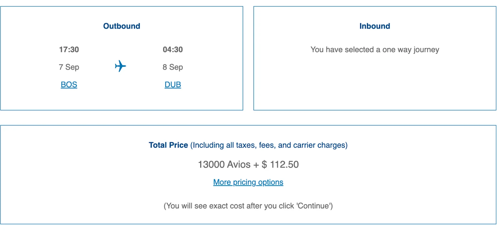 Screenshot of an Avios booking screen showing a one-way Boston to Dublin flight priced at 13,000 Avios plus $112.50.