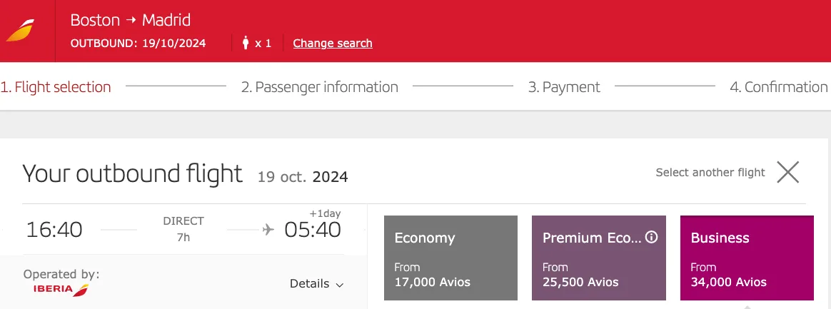 Iberia Plus booking flow showing a nonstop Boston to Madrid flight priced from 17,000 Avios in Economy