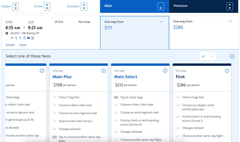 Screenshot of American Airlines fare options for a Chicago O'Hare to New York LaGuardia flight, comparing Main Cabin fares from $111 to First Class at $286
