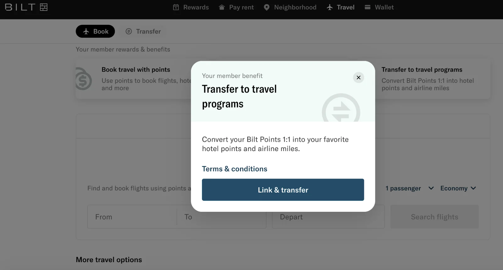 Screenshot of a Bilt Rewards pop-up confirming a 1:1 points transfer to travel partner programs.