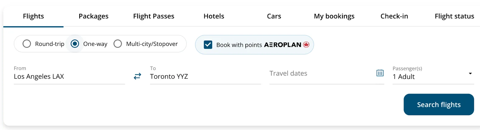 Screenshot of the Air Canada flight search tool with a one-way Los Angeles to Toronto route and the Book with Aeroplan points option checked