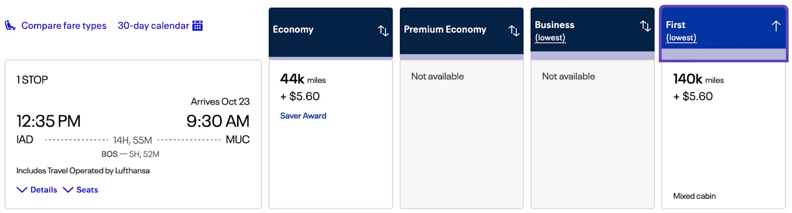 Screenshot of a United award search for a one-stop Washington Dulles to Munich flight via Boston, showing 44,000 miles in economy or 140,000 miles in first class.