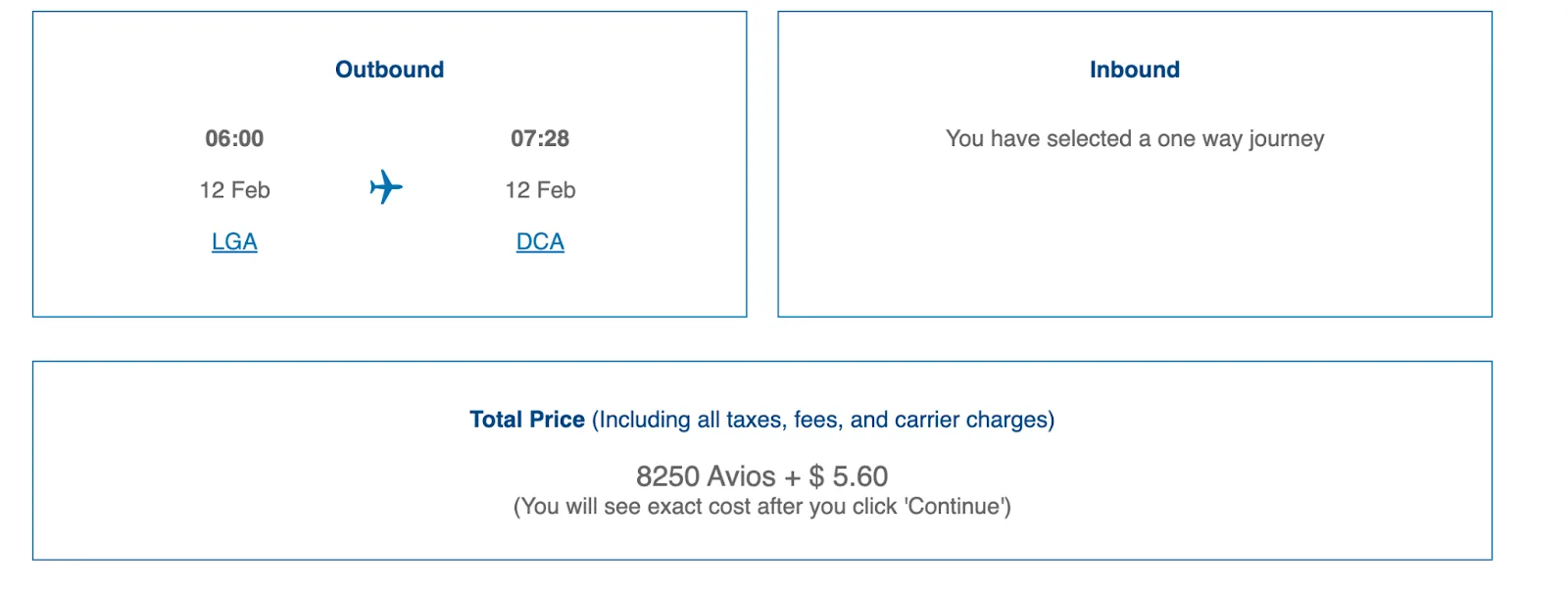 Screenshot of a British Airways Executive Club booking for a one-way LaGuardia to Washington Reagan flight priced at 8,250 Avios