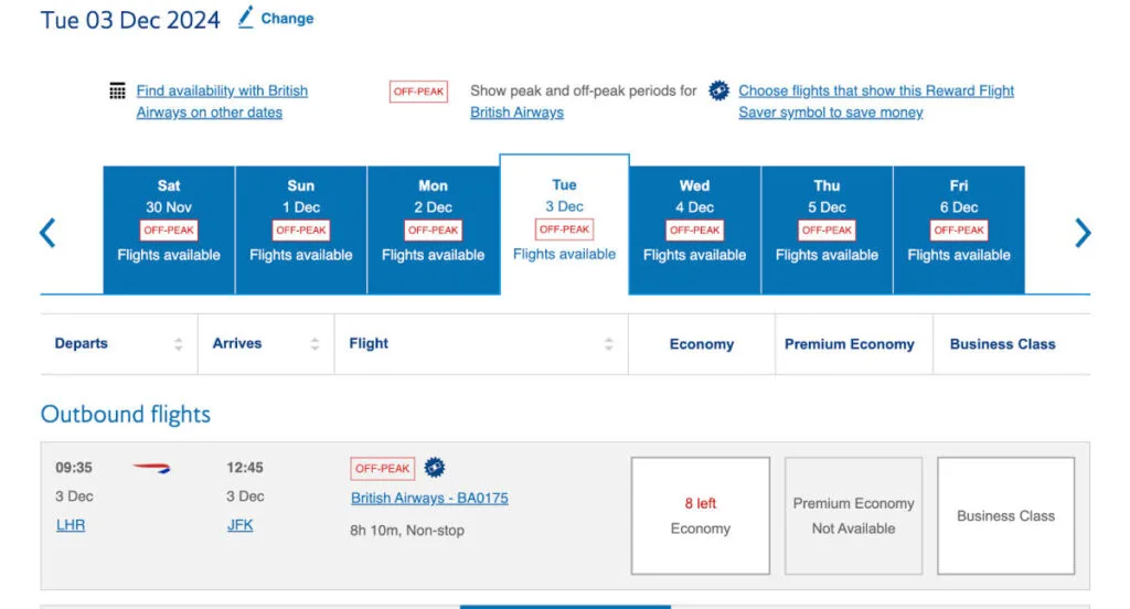 Screenshot of British Airways award search results for London to New York JFK, with a weekly calendar and economy seats available.