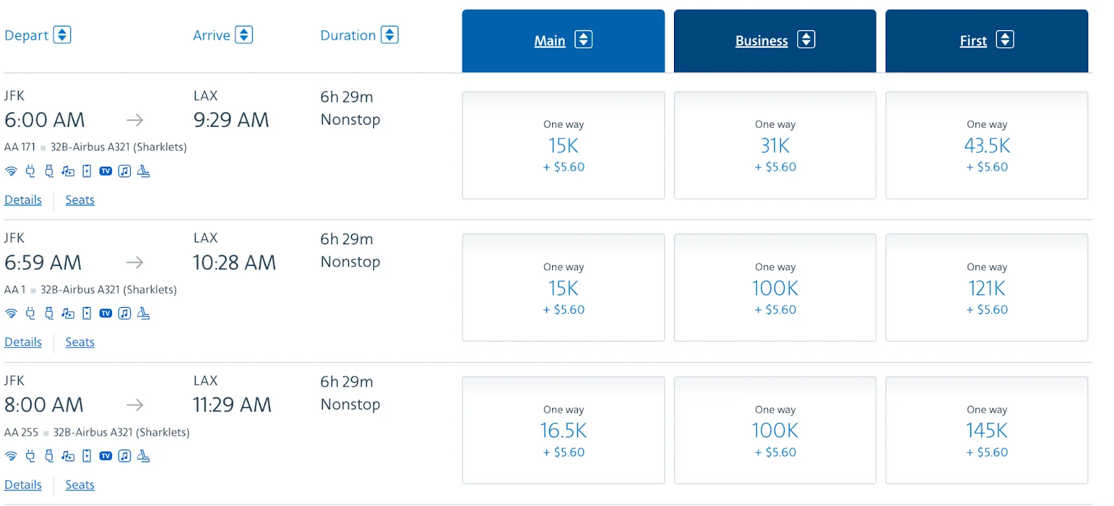 Screenshot of American Airlines flight search results for JFK to Los Angeles showing Main Cabin fares from 15K points and First Class up to 145K points