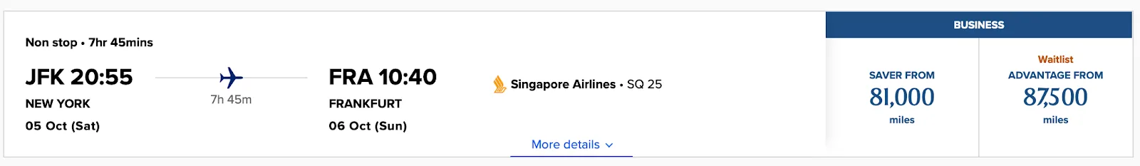 Screenshot of a Singapore Airlines award search showing a JFK to Frankfurt business class Saver fare from 81,000 miles, with a waitlisted Advantage fare from 87,500 miles
