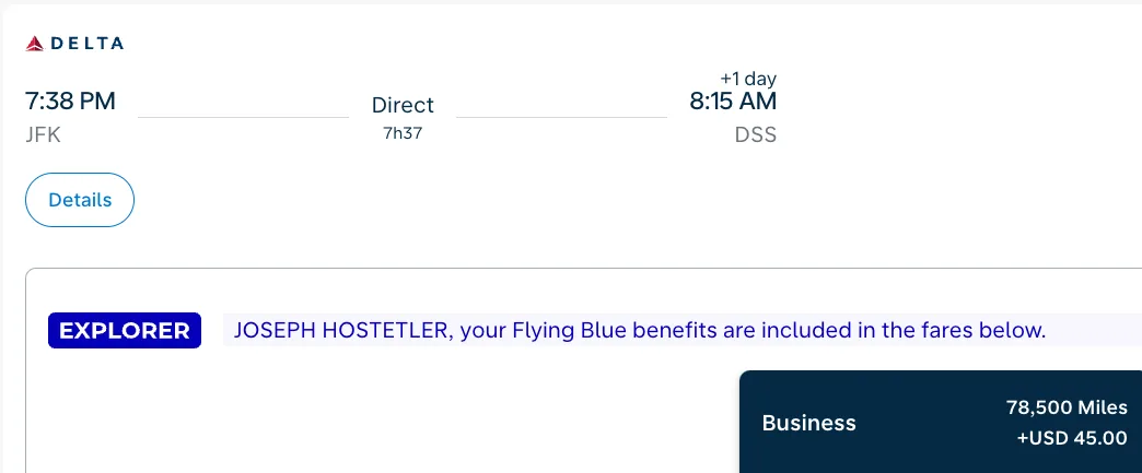 Screenshot of a Delta flight search for JFK to Dakar showing a Flying Blue business class fare of 78,500 miles plus $45