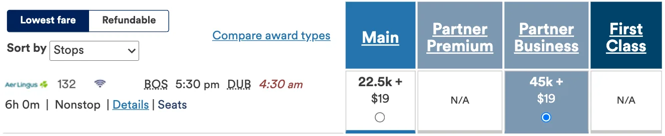 Screenshot of a United MileagePlus award search showing an Aer Lingus flight from Boston to Dublin priced at 22,500 miles in Main or 45,000 miles in Partner Business.