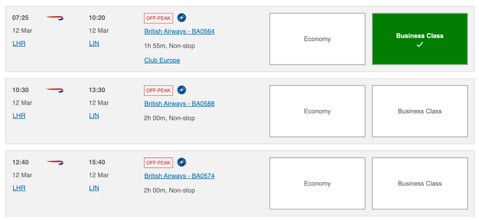 Screenshot of a British Airways Avios search for London to Milan flights, with a Club World business class fare selected.