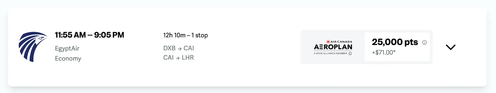 Screenshot of a point.me search result for a one-stop EgyptAir economy flight from Dubai to London via Cairo for 25,000 Aeroplan points.