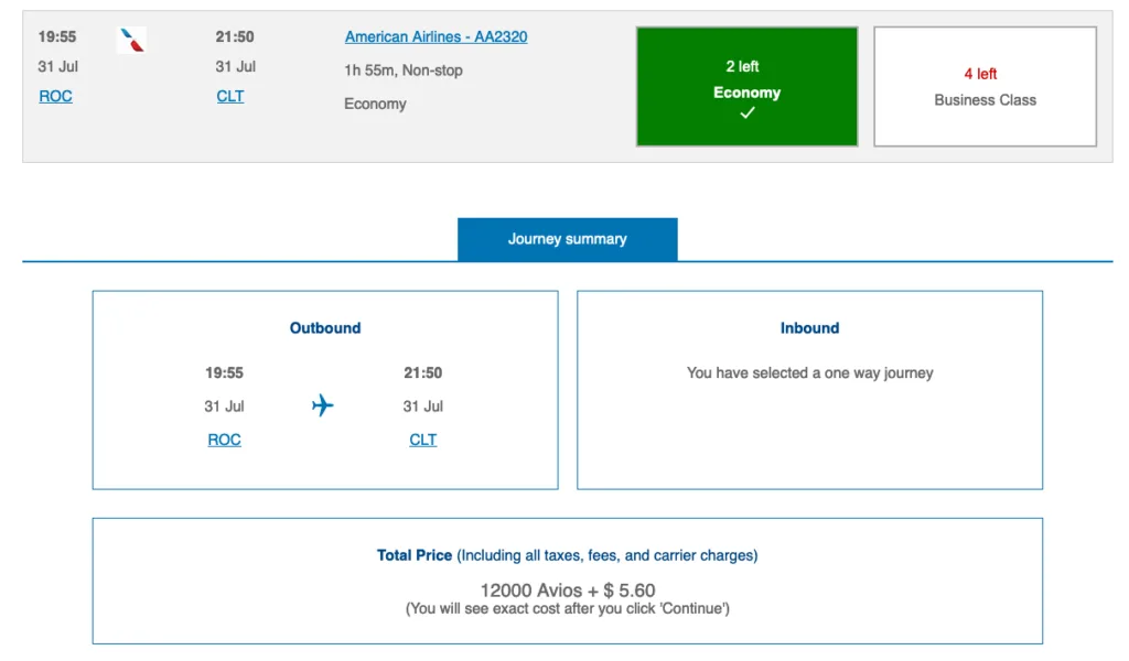 Screenshot of a British Airways Avios booking for an American Airlines flight from Rochester to Charlotte, priced at 12,000 Avios plus $5.60.