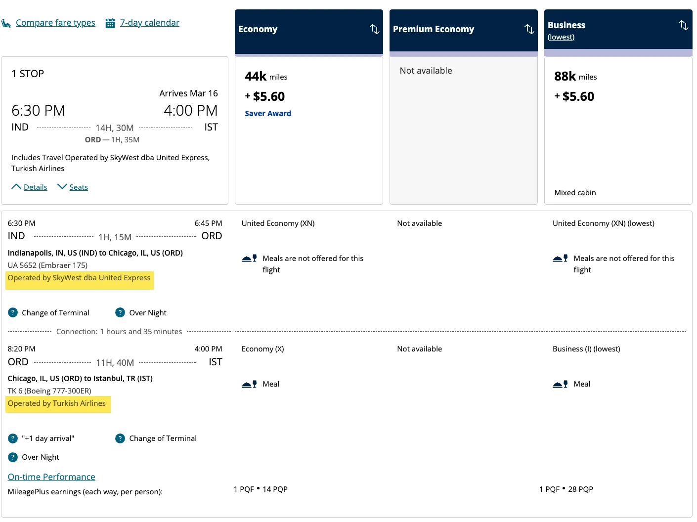 Screenshot of a United award search for a one-stop Indianapolis to Istanbul flight via Chicago, priced at 44,000 miles in economy or 88,000 miles in business class.