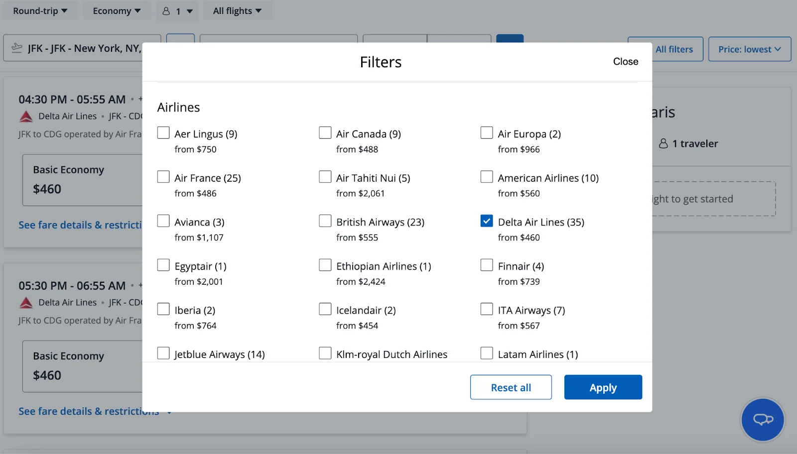 Screenshot of the Chase Travel flight search filters with Delta Air Lines selected as the airline