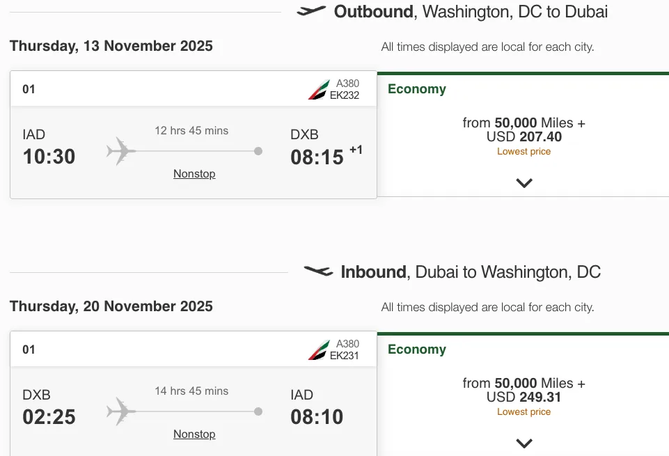 Screenshot of an Emirates award search for round-trip flights between Washington Dulles and Dubai priced from 50,000 miles each way in Economy