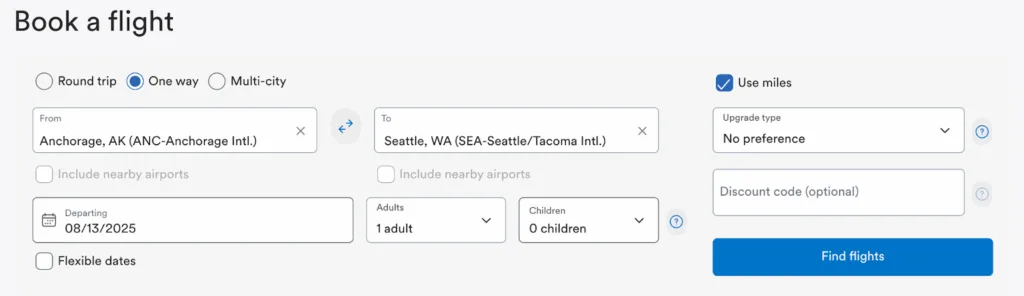 Screenshot of Alaska Airlines' flight booking form showing a one-way search from Anchorage to Seattle with the Use Miles option selected.