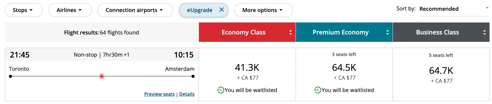Screenshot of an Air Canada Aeroplan award search for Toronto to Amsterdam showing Economy at 41,300 points and Premium Economy and Business seats as waitlisted.