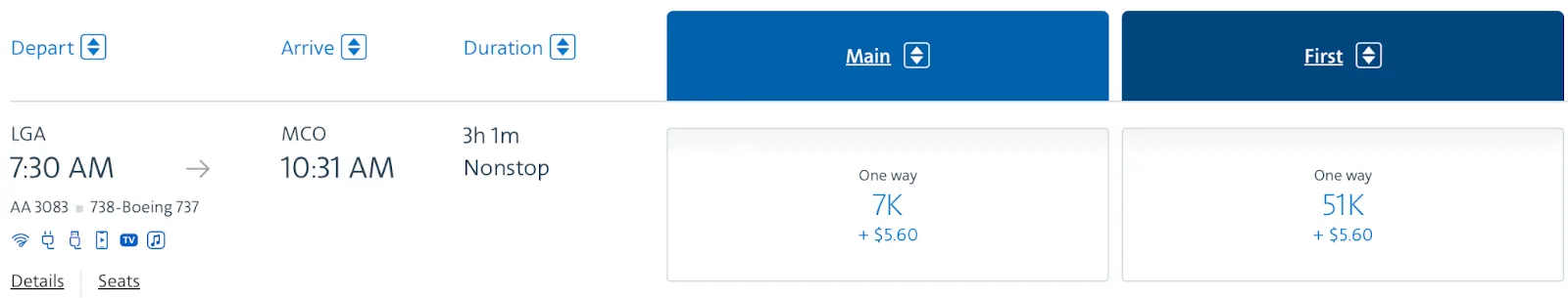 Screenshot of an American Airlines award chart card showing flights to the contiguous 48 states and Canada starting at 7,500 miles in Main Cabin or 15,000 miles in Business/First