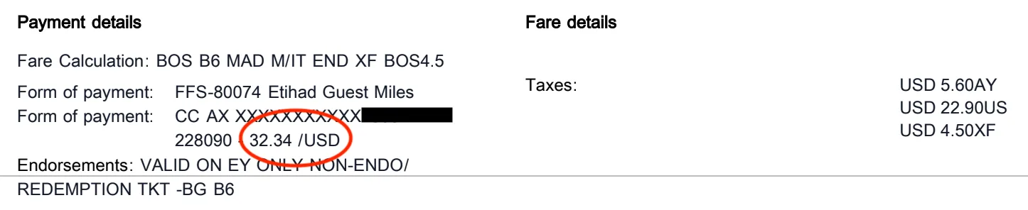 Screenshot of an Etihad Guest award ticket payment summary for a JetBlue flight from Boston to Madrid, showing $32.34 in taxes and fees