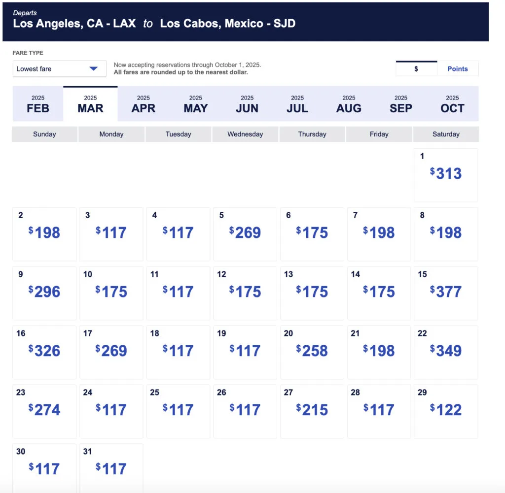 Screenshot of a Southwest Airlines cash fare calendar for flights from Los Angeles to Los Cabos, with fares ranging from about $117 to $377