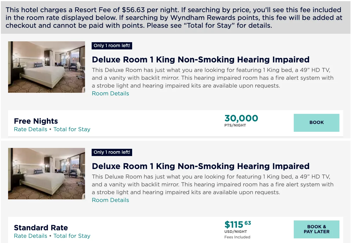 Screenshot of a Wyndham hotel booking page showing a Deluxe King room priced at 30,000 points per night or $115.63