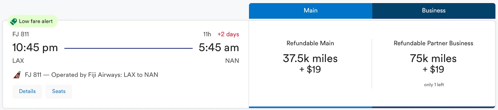 Screenshot of an Alaska Airlines award search showing a Los Angeles to Nadi, Fiji flight on Fiji Airways priced at 37,500 miles in Main or 75,000 miles in Business