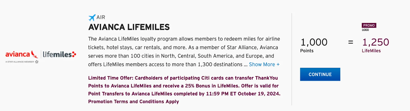 Screenshot of a Citi ThankYou transfer partner listing showing a limited-time 25% bonus when transferring points to Avianca LifeMiles.