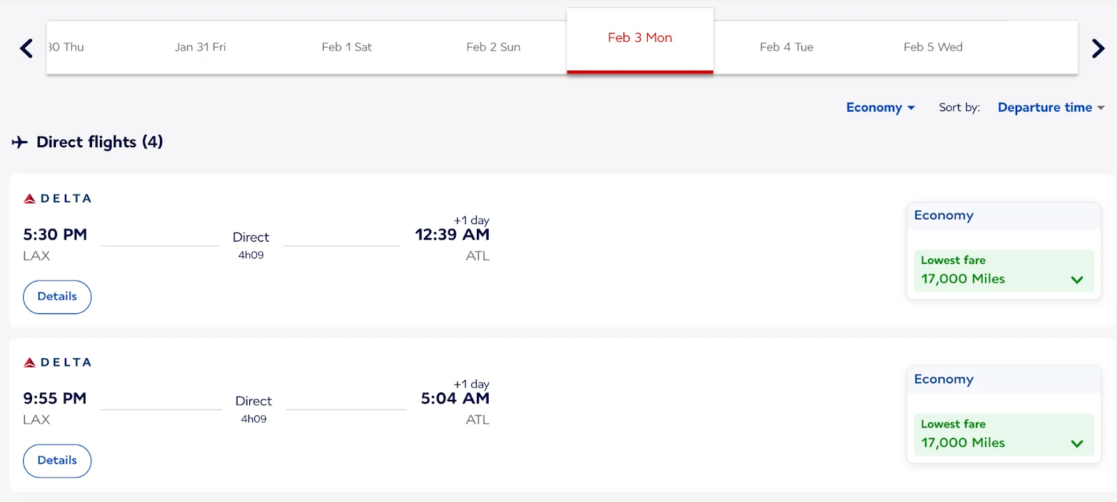 Screenshot of a Delta Air Lines award search showing direct Los Angeles to Atlanta flights priced at 17,000 miles