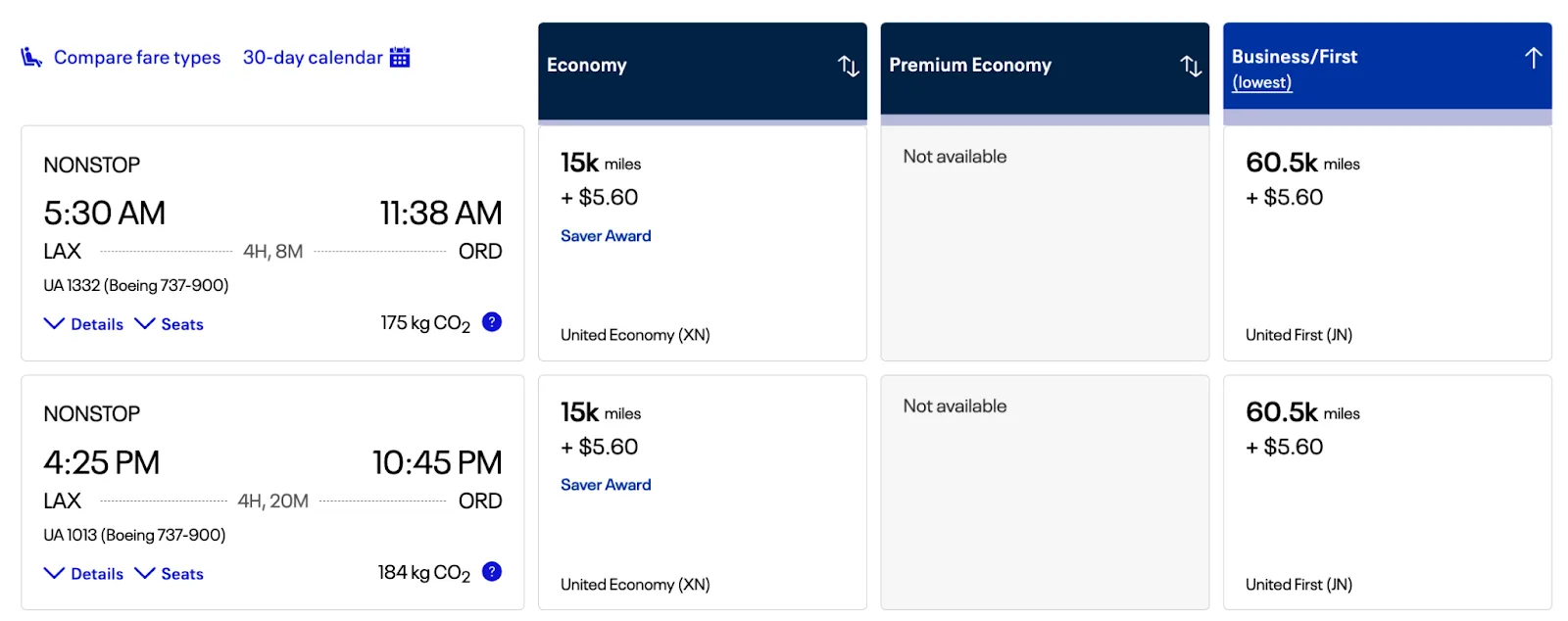 Screenshot of a United Airlines award search from Los Angeles to Chicago showing economy priced at 15,000 miles and business/first at 60,500 miles