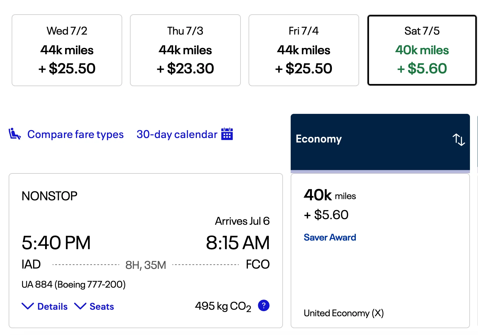 Screenshot of a United Airlines award search for a Washington Dulles to Rome flight, showing a nonstop economy Saver Award for 40,000 miles plus $5.60.
