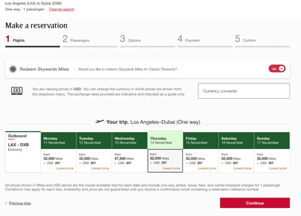 Screenshot of an Emirates Skywards award booking calendar for Los Angeles to Dubai, showing Economy fares from 32,500 miles plus $207