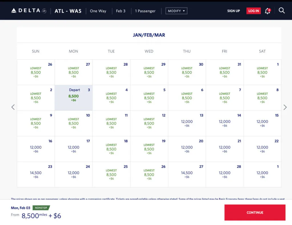 Delta price calendar for a New York to San Juan flight showing mileage prices as low as 9,500 miles across multiple dates