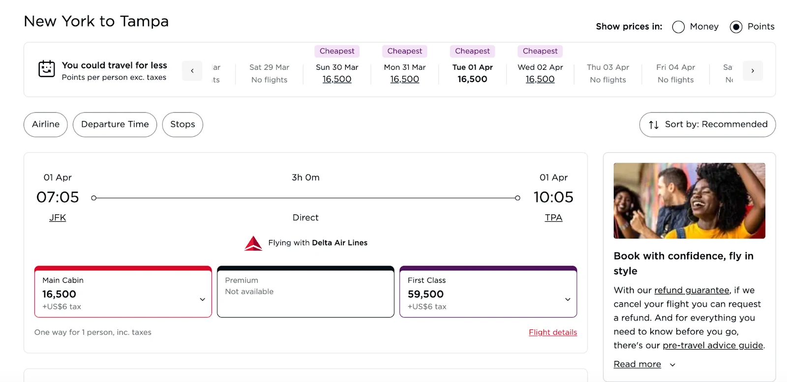 Screenshot of a point.me award search for a New York to Tampa Delta flight priced at 16,500 points in Main Cabin or 59,500 points in First Class