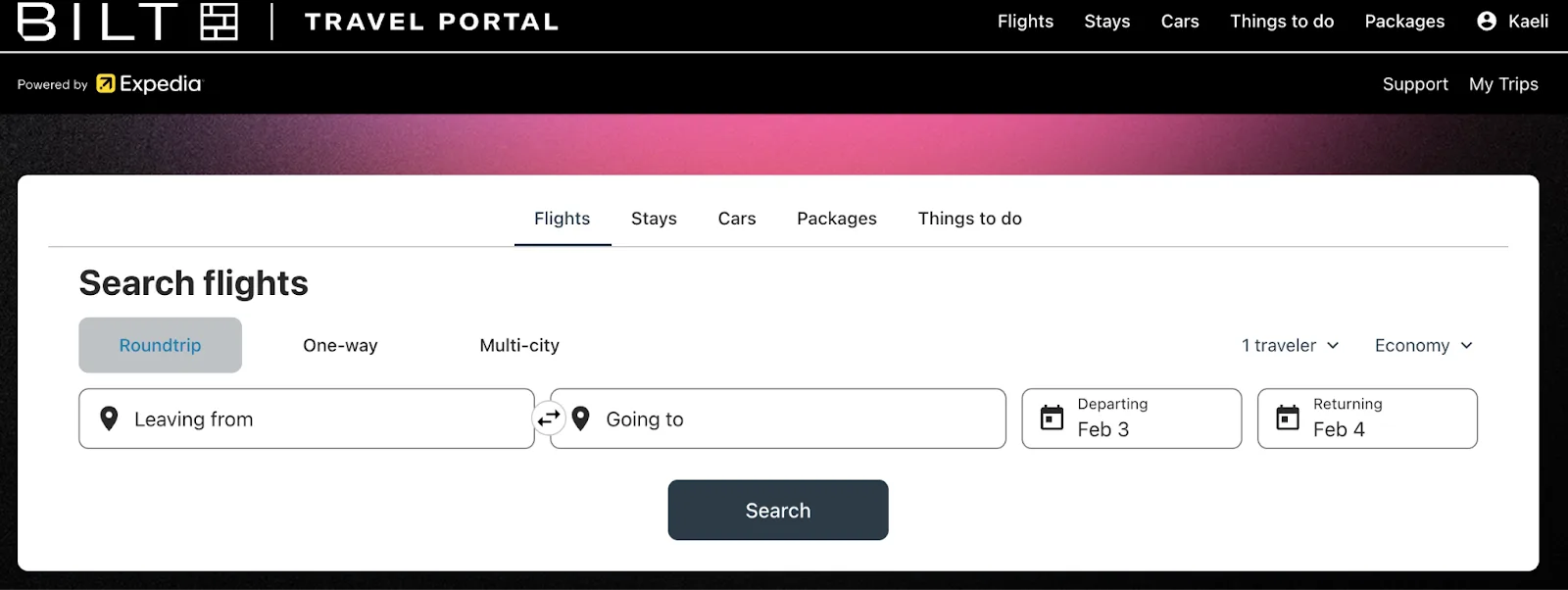 Screenshot of the Bilt Travel Portal flight search page, powered by Expedia, with fields for a roundtrip search