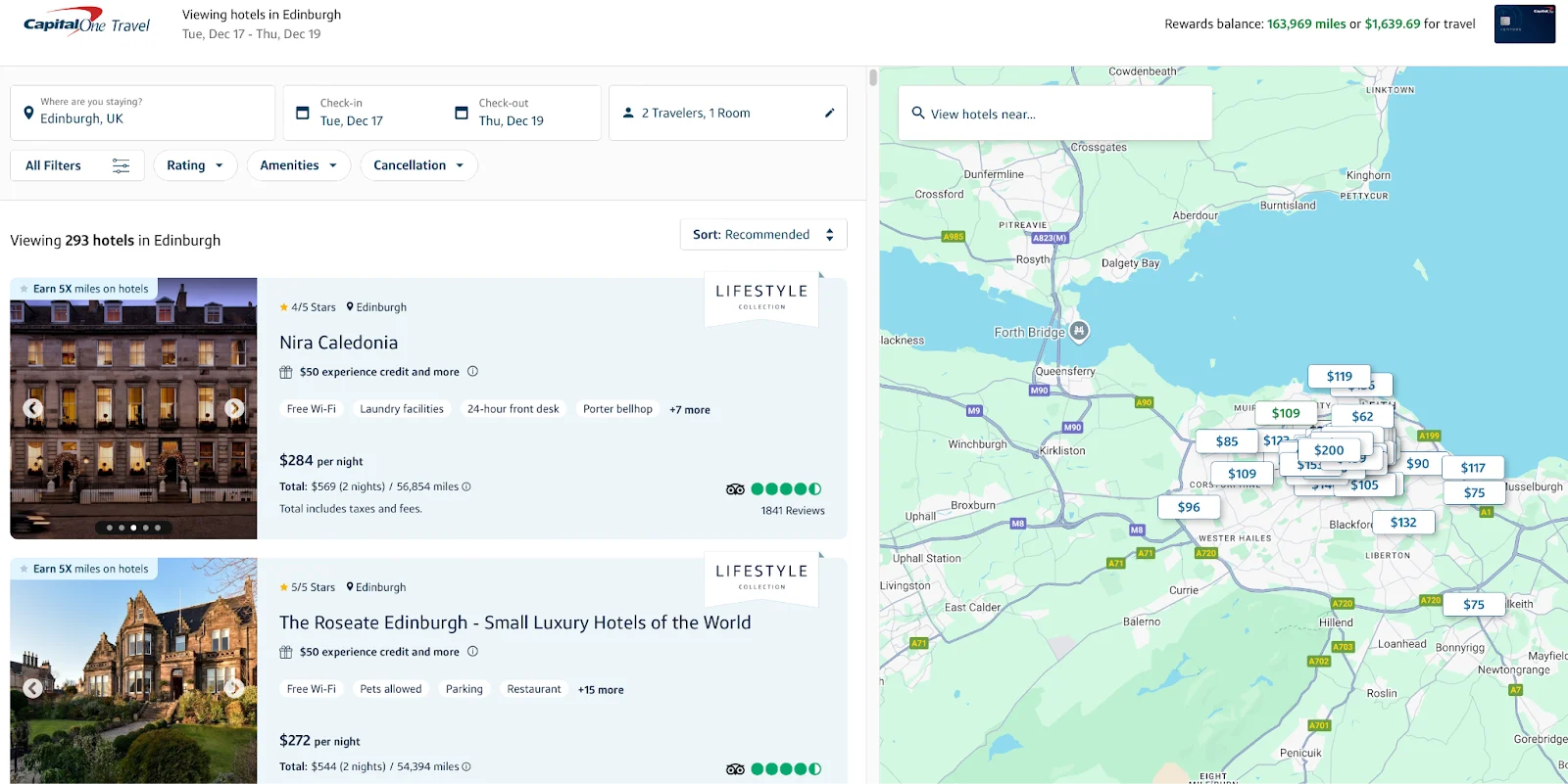 Screenshot of Capital One Travel hotel search results for Edinburgh, showing the Nira Caledonia and The Roseate Edinburgh with nightly rates and a map of nearby prices