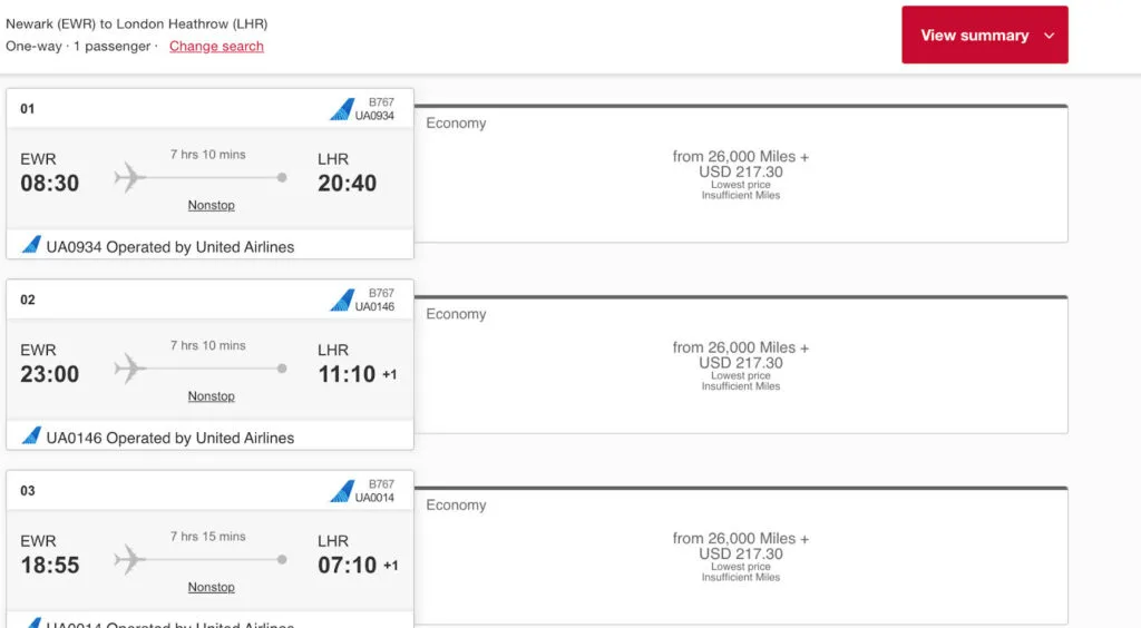 Screenshot of Emirates Skywards award flight options for Newark to London Heathrow operated by United Airlines, priced from 26,000 miles