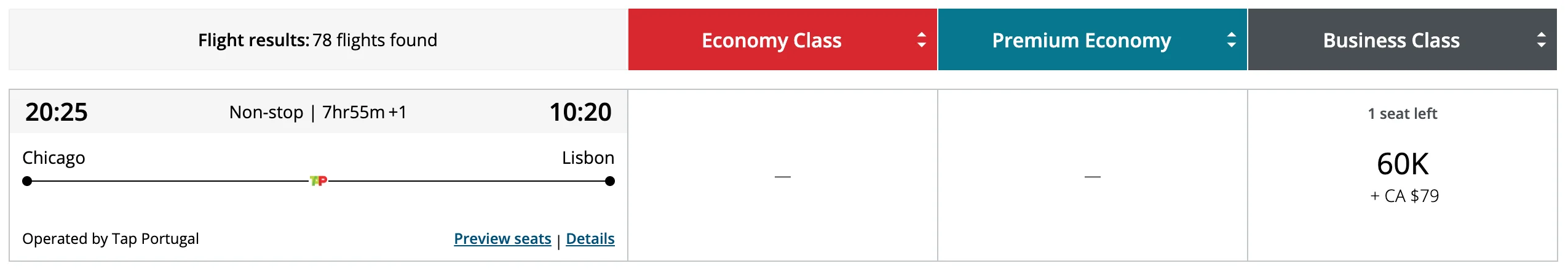 Screenshot of an Air Canada Aeroplan search showing a TAP Air Portugal business class flight from Chicago to Lisbon for 60,000 points plus CA$79.
