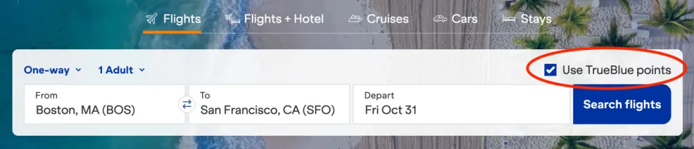 Screenshot of the JetBlue booking page with the 'Use TrueBlue points' option checked for a Boston to San Francisco search
