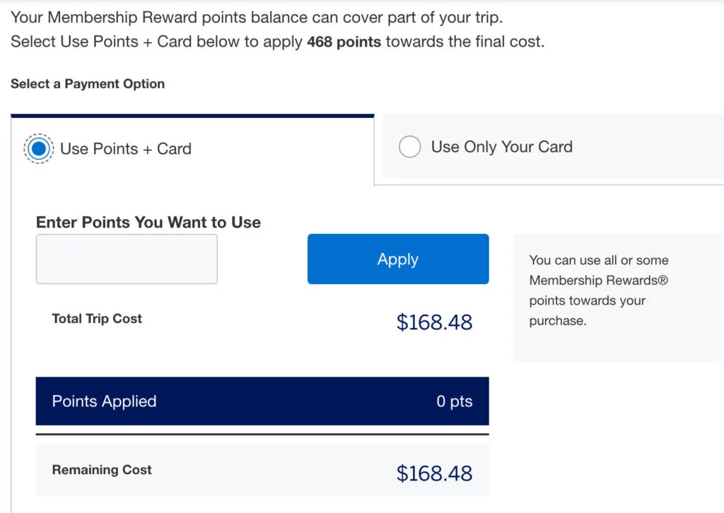American Express Travel checkout screen offering to apply Membership Rewards points toward a $168.48 flight total