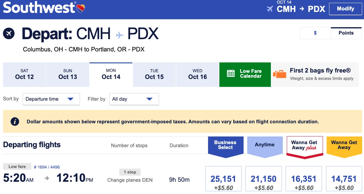 Southwest Airlines flight search results for Columbus to Portland showing the same fares priced in Rapid Rewards points
