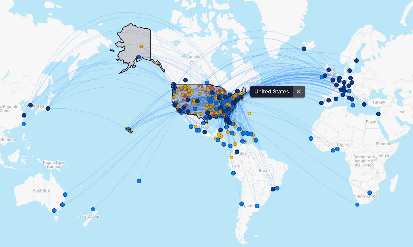World map highlighting the United States and showing flight routes connecting to destinations across the Americas, Europe, and Asia