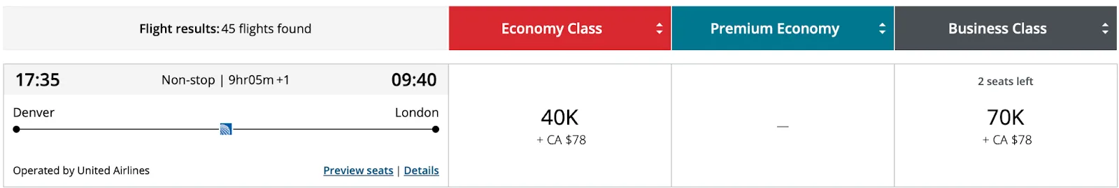 Screenshot of an Air Canada Aeroplan award search for a nonstop Denver to London flight on United, priced at 40,000 miles in economy or 70,000 miles in business class.