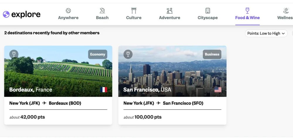 Screenshot of the point.me Explore tool's Food & Wine results showing flights from New York to Bordeaux and San Francisco starting around 42,000 points
